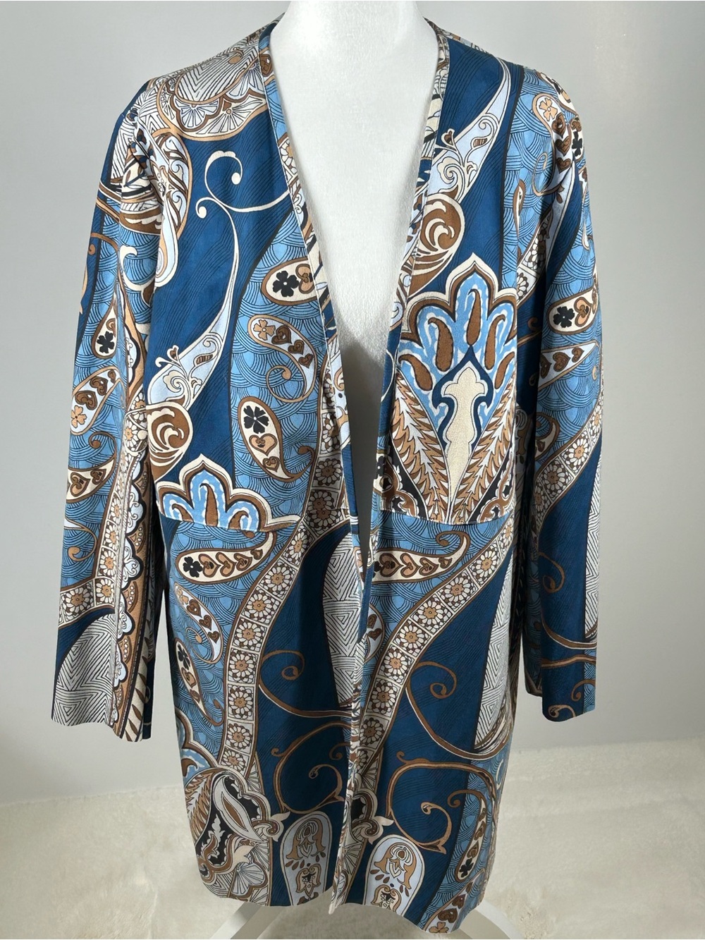Chico’s Faux Suede Paisley Topper Duster Jacket Blue Brown Open Front - Picture 7 of 10